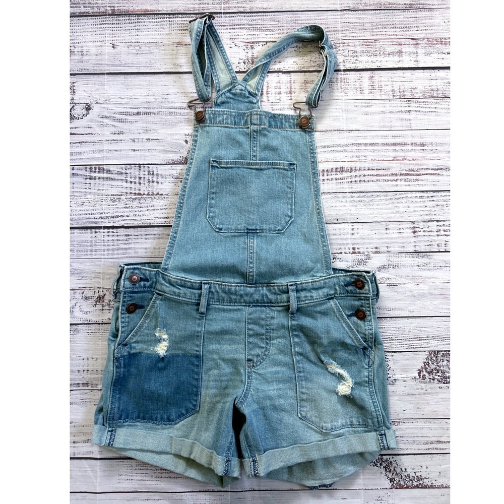 Hollister Shortall Women‎ Blue Distressed Patchwork Denim Overalls Size S